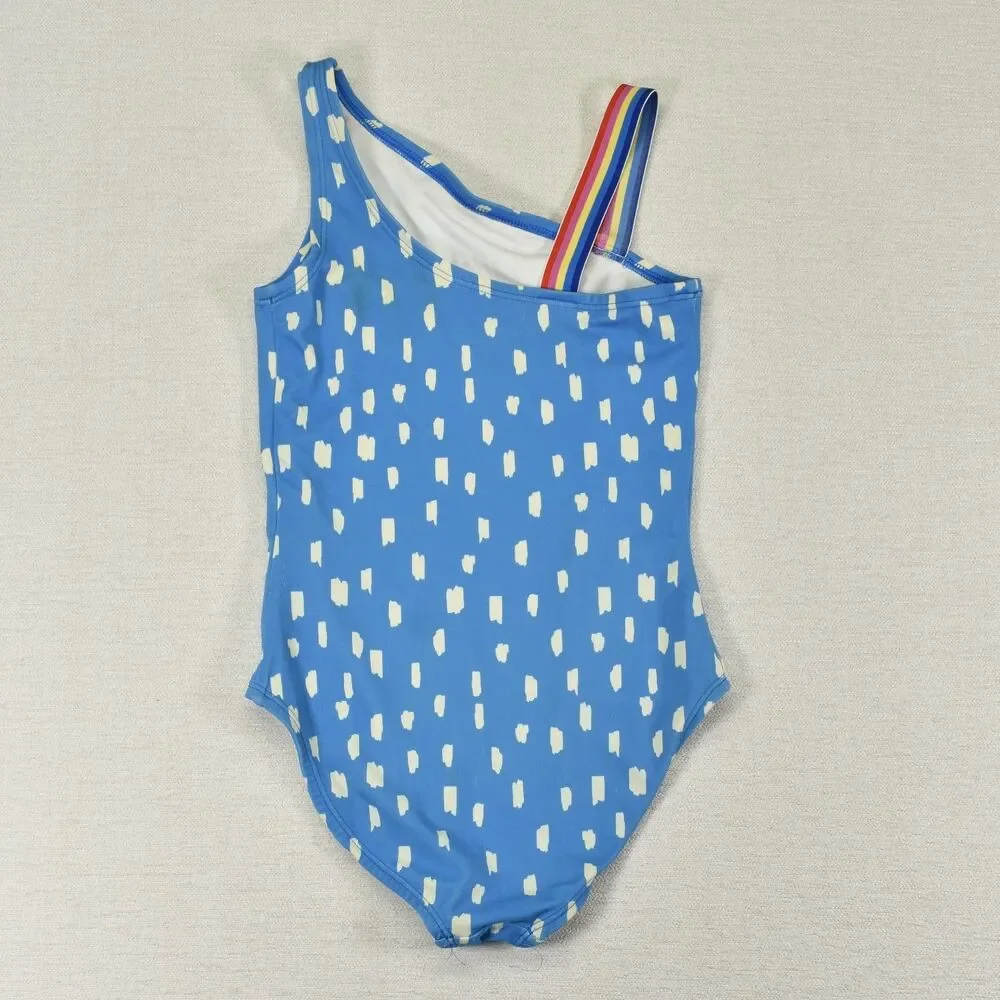 Hanna Andersson Girls Size 8 One Piece Swimsuit Blue Dot Rainbow Stripe Strap